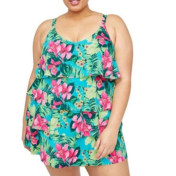 NWT Catherines Swimsuit One Piece Swim Dress Tropical Floral Skirted Ruffled 28W - Picture 1 of 11